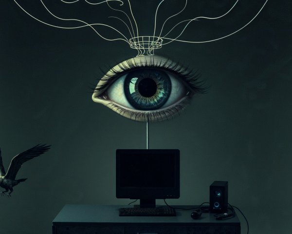 Surreal Scene with Eye, Monitor, and Bird in Flight