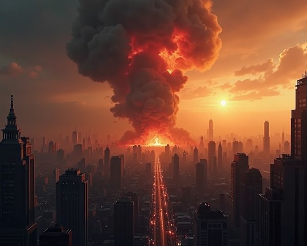 Urban Skyline Silhouetted by Fiery Explosion at Sunset