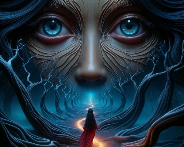 Mysterious forest path with giant face and cloaked figure