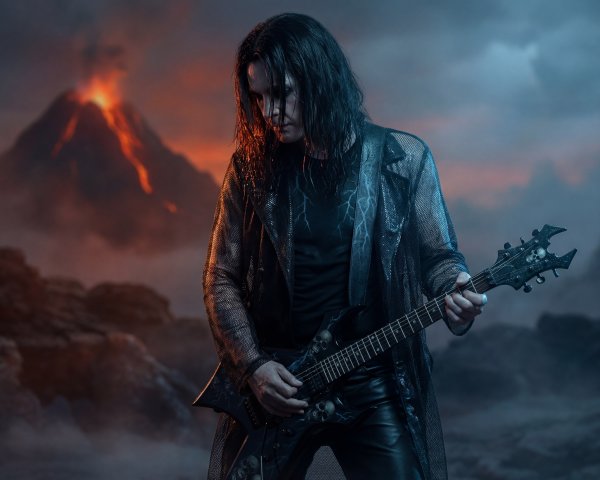 Heavy metal guitarist with volcano backdrop and lighting