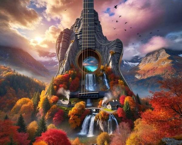 Fantasy Autumn Landscape with Giant Guitar Mountains