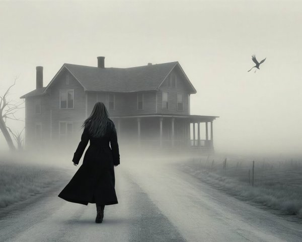 Mysterious Woman Walking Toward Derelict House in Fog