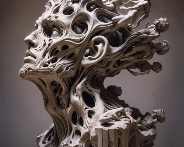 Sculpture of Human Head with Organic Interactions
