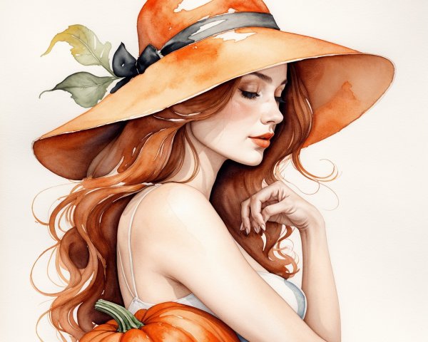 Graceful Woman with Orange Hat and Pumpkin in Autumn