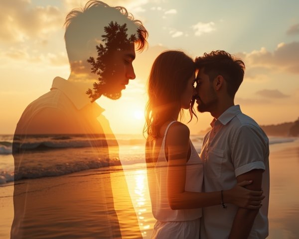 Romantic sunset silhouette of a couple by water