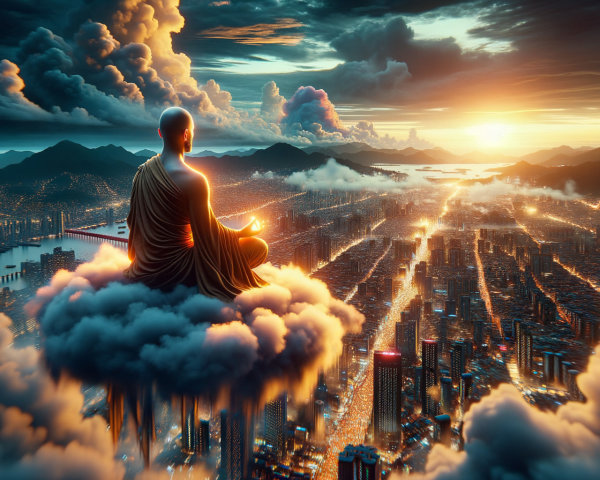 Meditative Figure Overlooking Sunset Cityscape