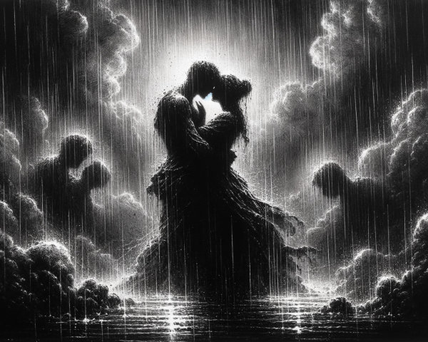 Monochromatic Embrace Amidst Rain and Clouds