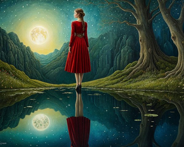Woman in red dress by serene lake under moonlight