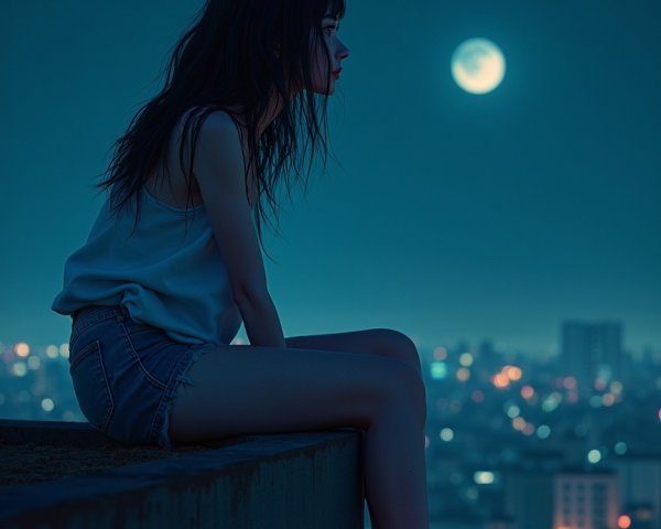 Young Woman on Rooftop with Moonlit Cityscape