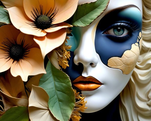 Stylized Face with Bold Makeup and Floral Elements