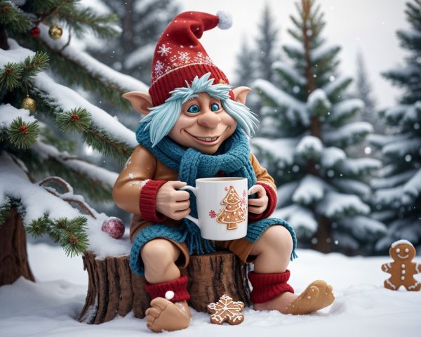 Whimsical Elf in Snowy Forest with Holiday Decor