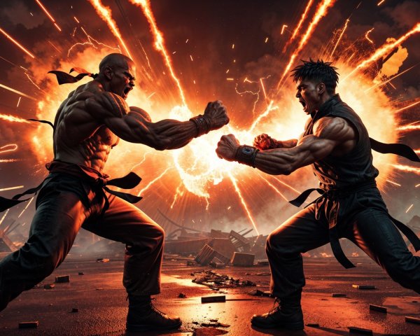 Muscular Fighters in Confrontation with Explosions