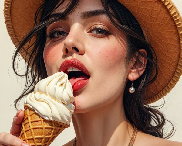 Close-Up Portrait of a Woman Enjoying Ice Cream