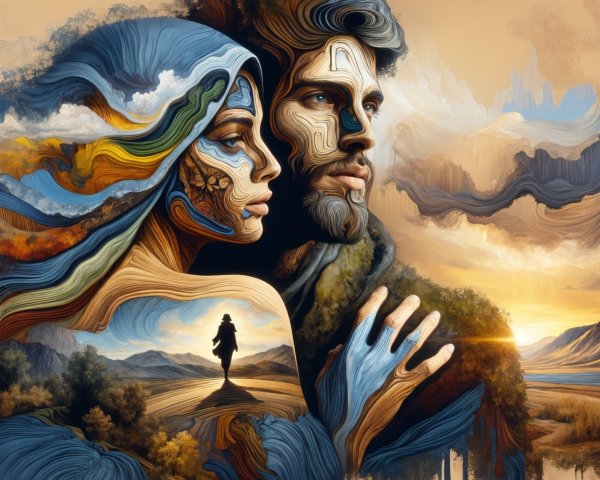 Surreal Artwork of Intertwined Couple in Vibrant Colors