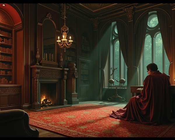 Victorian-style library with gothic window and dark decor