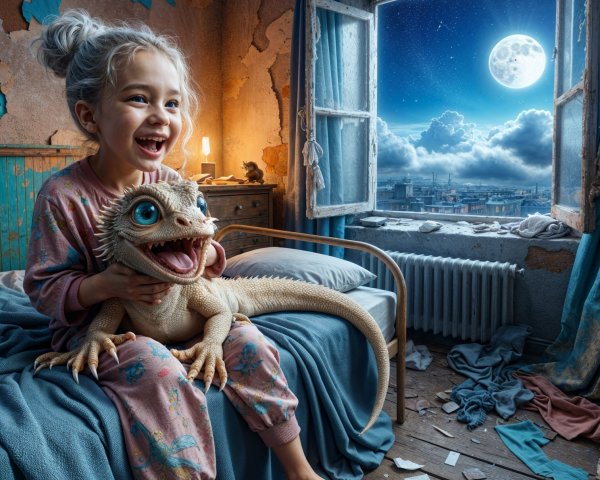 Young girl with dragon toy in cozy, moonlit room