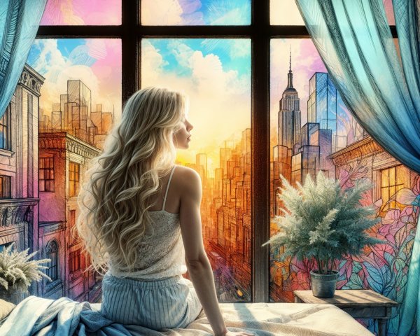 Woman gazing at colorful cityscape during sunset