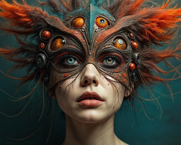 Intricate Mask with Vibrant Colors and Feathers