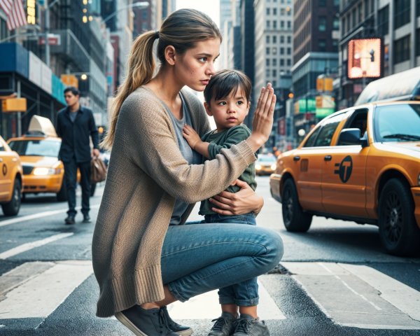Urban Intersection with Mother and Child in Tension