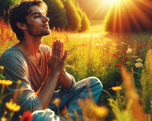 Young man meditating in a wildflower field at sunset