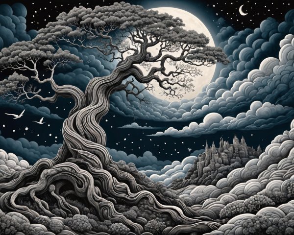 Majestic Twisted Tree Under Night Sky with Castle