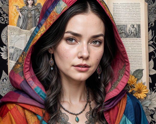 Portrait of a Woman in a Multicolored Cloak and Jewelry
