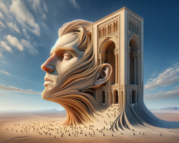Surreal Landscape with Colossal Sculpted Face and Structure