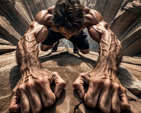 Muscular Climber Overlooks Vast Canyon Landscape