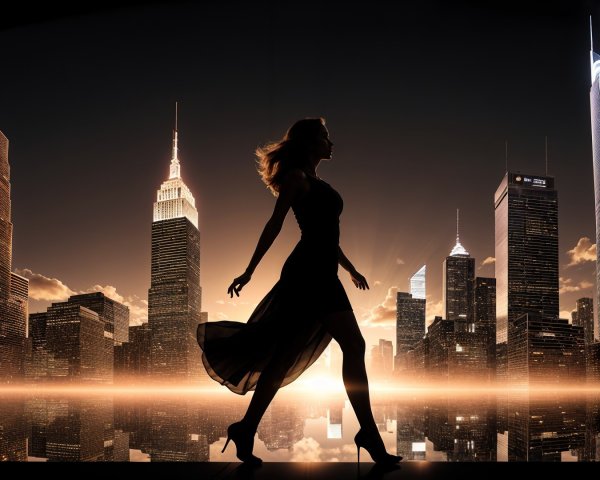 Silhouette of Woman in Elegant Dress Against Skyline