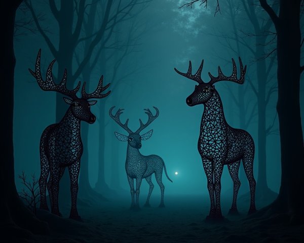 Intricately Designed Deer in a Misty Moonlit Forest