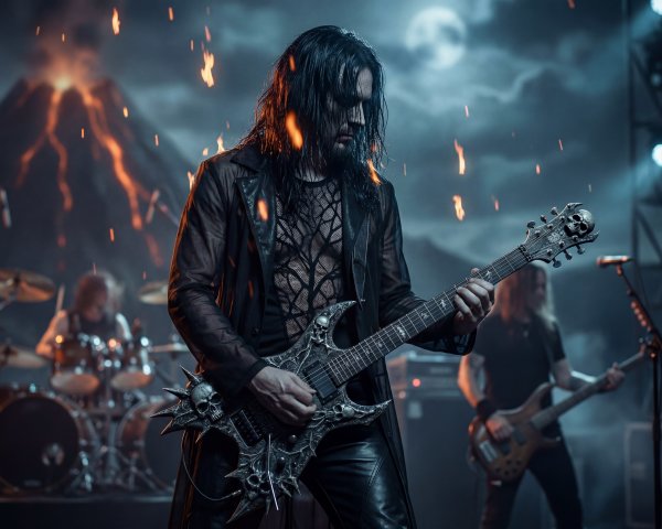 Heavy Metal Guitarist on Stage with Erupting Volcano
