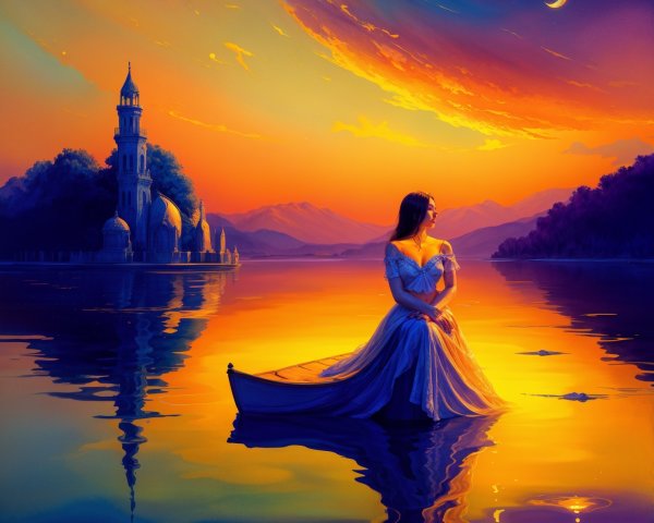 Serene sunset over a tranquil lake with a boat and mountains