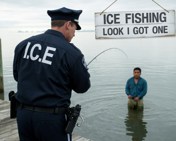 Law Enforcement Officer Fishing on Wooden Dock