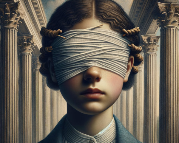 Young girl in vintage outfit with blindfolded eyes