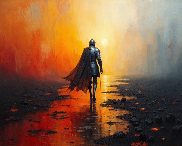 Knight in Armor at Fiery Landscape Horizon