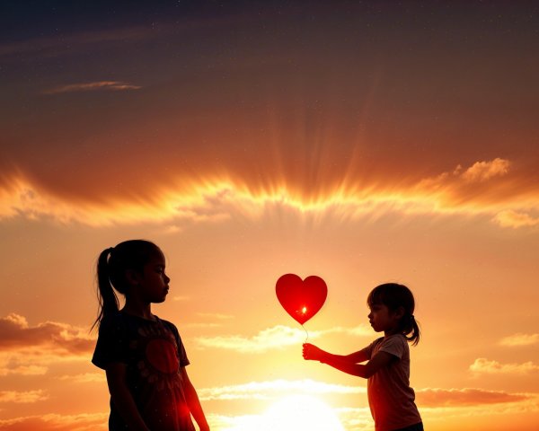 Silhouetted Girls with Heart Balloon at Sunset