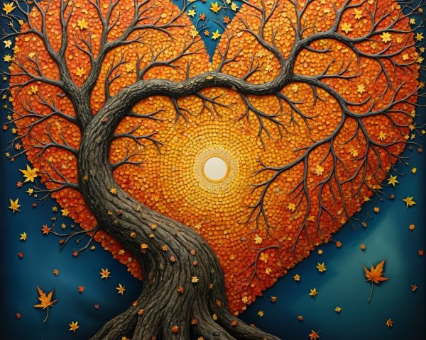 Heart-Shaped Design of Autumn Leaves Against Blue Background
