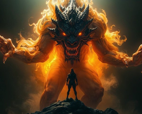 Dramatic Clash of Fiery Demon and Lone Figure