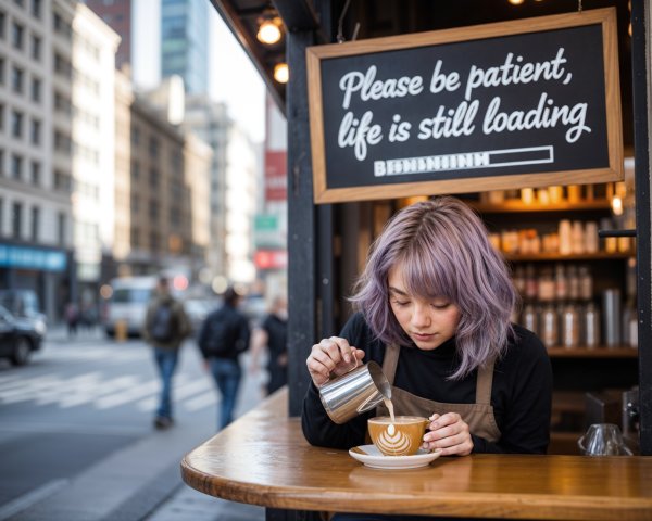 Lavender-haired woman creating latte art in café