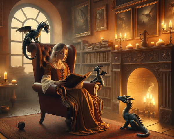 Cozy library scene with a woman and two dragons