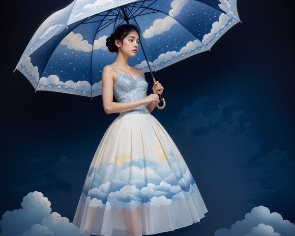 Model Under Dreamy Sky Umbrella with Pastel Outfit