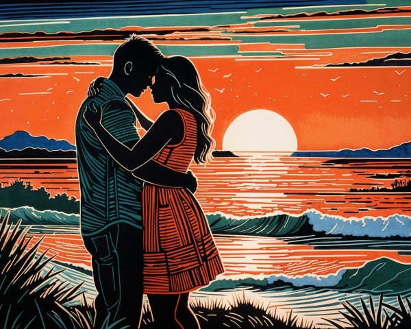 Romantic Silhouette of Couple at Vibrant Sunset