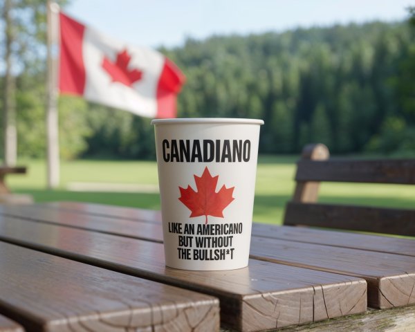 Humorous Coffee Cup with Canadian Design and Flag