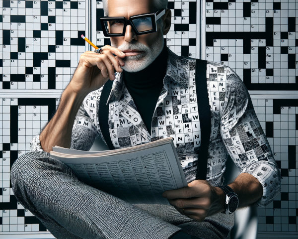 Stylish Older Man in Crossword Puzzle Attire and Chair