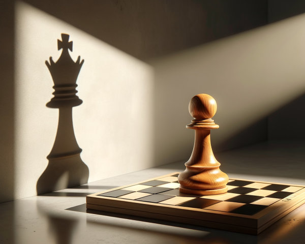 Wooden Pawn on Chessboard with Dramatic Shadow