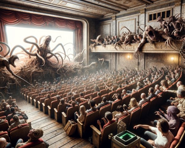 Surreal Theater Performance with Grotesque Creature