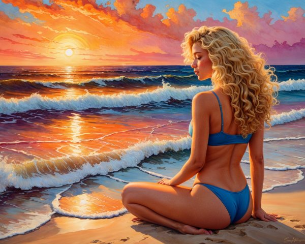Woman on Beach at Sunset with Vibrant Sky Colors