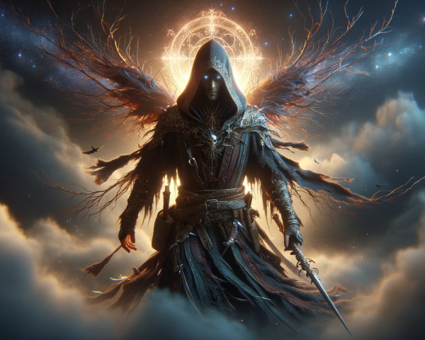 Mysterious cloaked figure with ethereal wings and sword