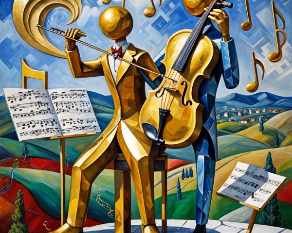 Golden Figures Playing Music in Vibrant Landscape