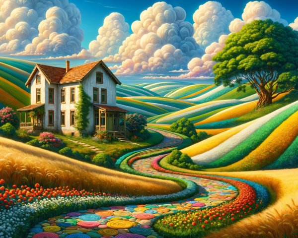Vibrant Landscape with Quaint House and Colorful Fields